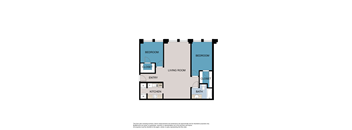 A floor plan of a living room with a kitchen and two bedrooms.