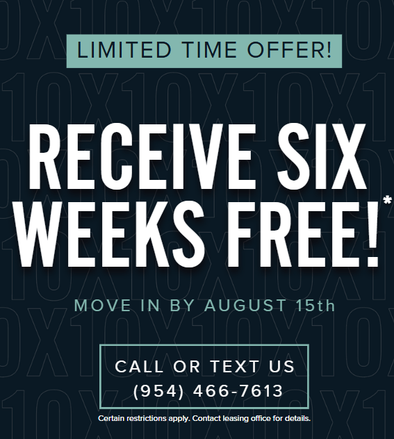 A promotional image offering six weeks free if you move in by August 15th.