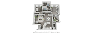 A 3D floor plan of a house with a kitchen, living room, and two bedrooms.