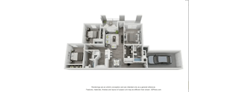 A 3D floor plan of a house with a kitchen, living room, and two bedrooms.