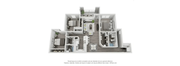 A 3D floor plan of a house with a kitchen, living room, and two bedrooms.