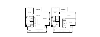 A black and white floor plan of a house with two master bedrooms.