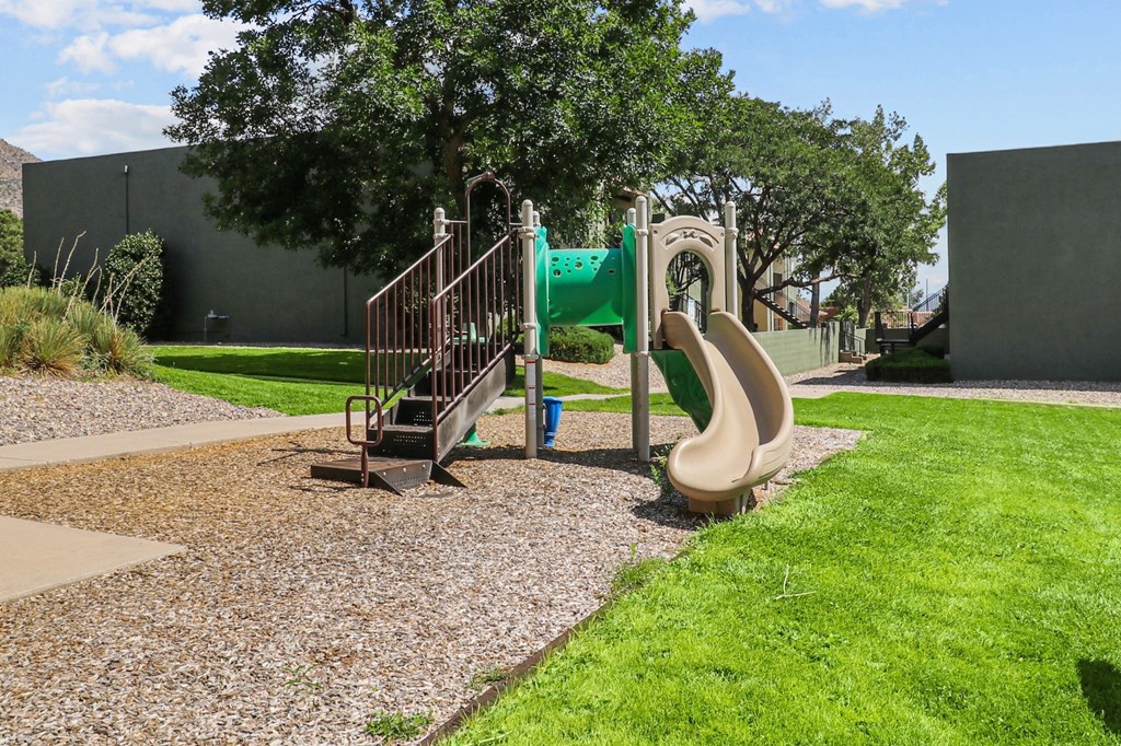 a playground with a slide and climbing equipment in a park