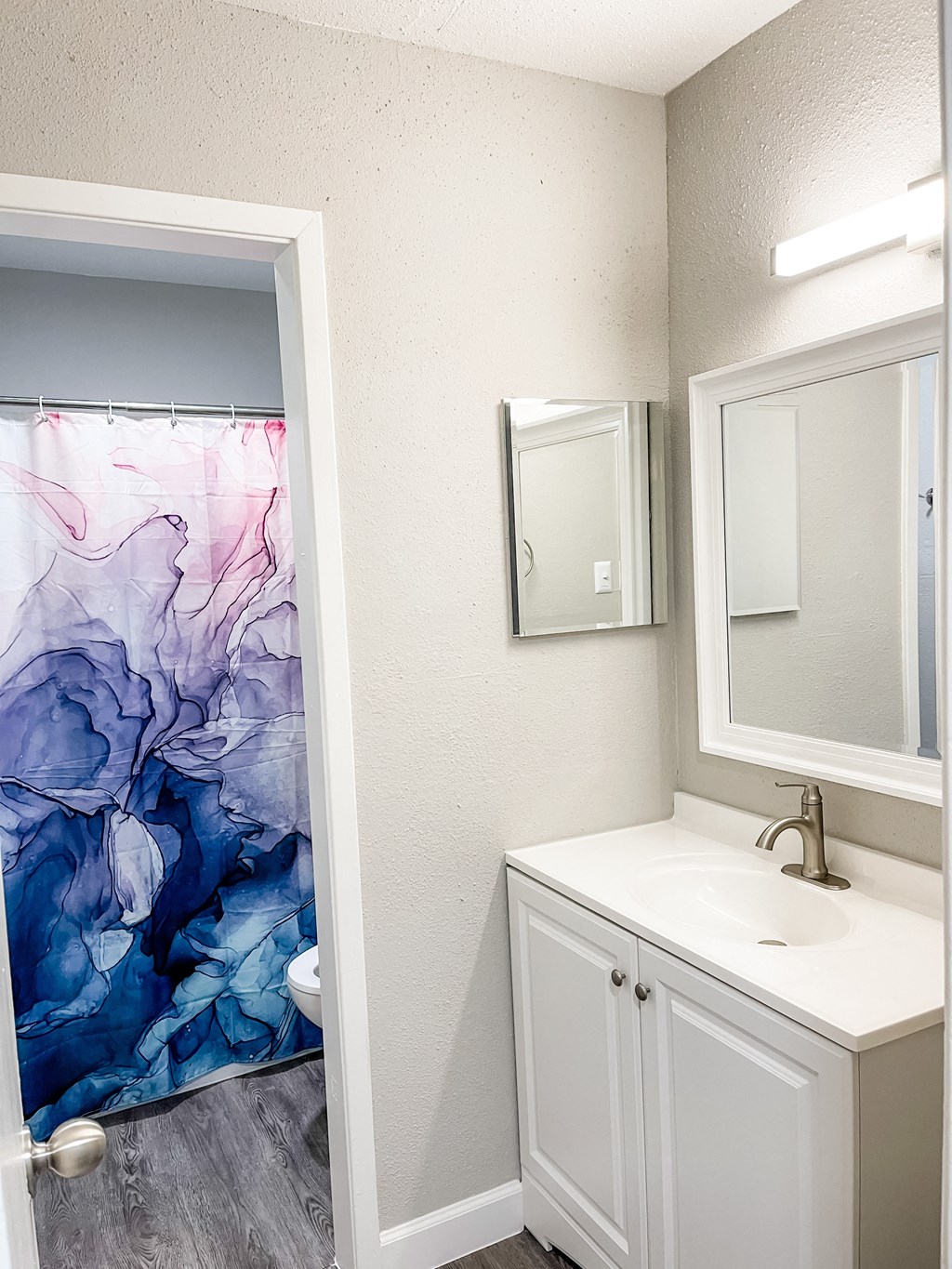 a bathroom with a sink and a mirror and a shower curtain