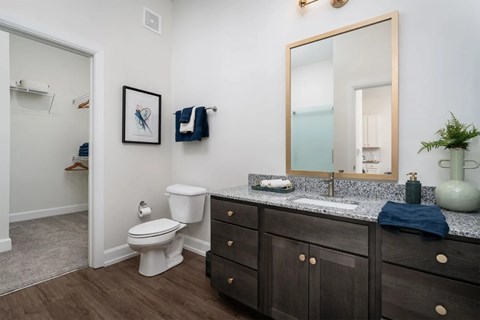 A bathroom with a toilet, sink, and mirror.
