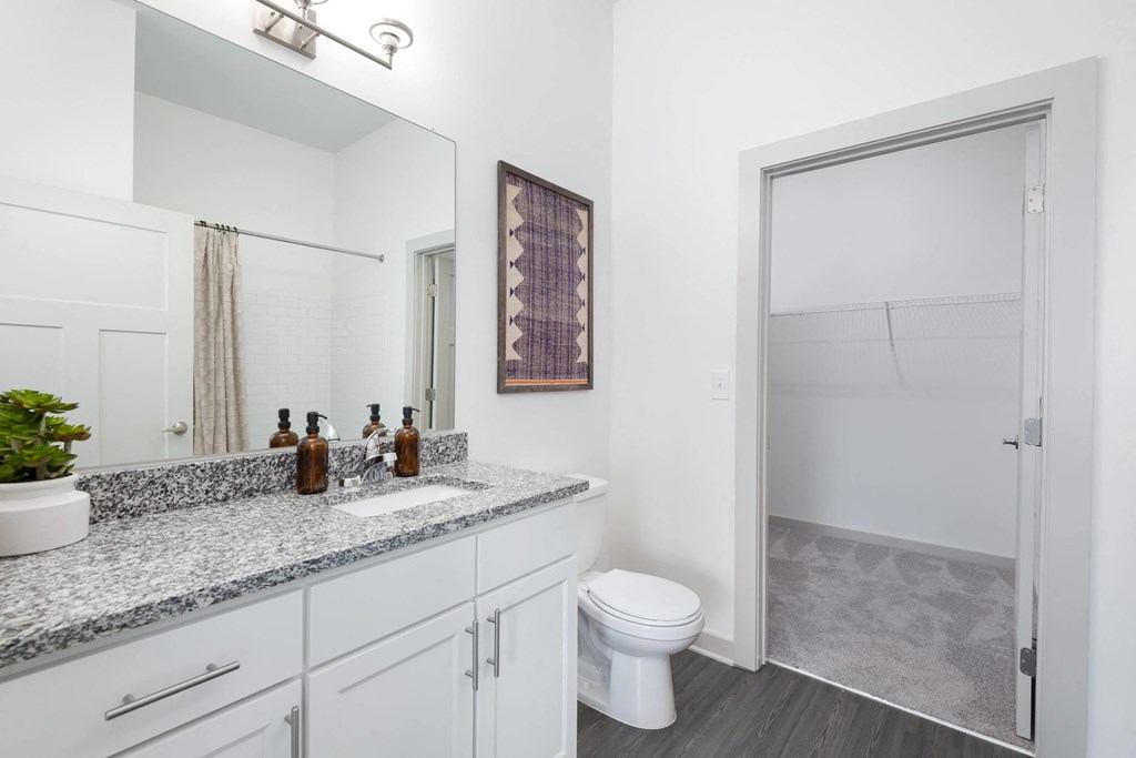 A bathroom with a sink, mirror, toilet and a door.