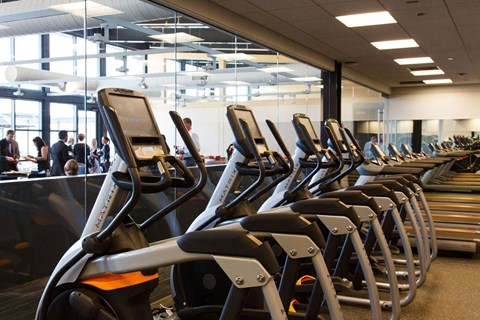 A row of treadmills in a gym with people in the background.