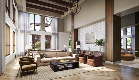 A modern living room with a large couch and a coffee table.