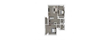 A floor plan of a small apartment with a kitchen, living room, and two bedrooms.