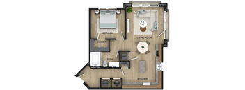 A floor plan of a small apartment with a bedroom, living room, kitchen, bathroom, and closet.