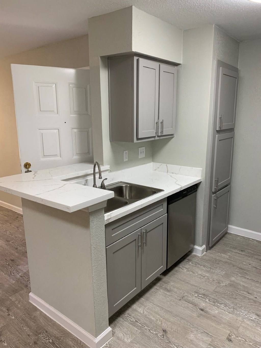 a kitchen with a sink and a counter top