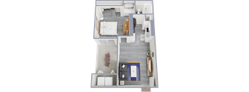 A 3D floor plan of a small apartment with a bedroom, living room, kitchen, and bathroom.