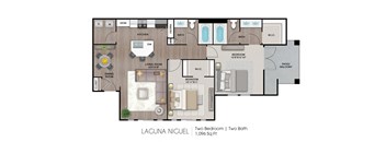 A floor plan of a Laguna Niguel property with two bedrooms and two bathrooms.