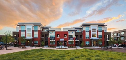 a row of apartment buildings with a grassy area in front of them
