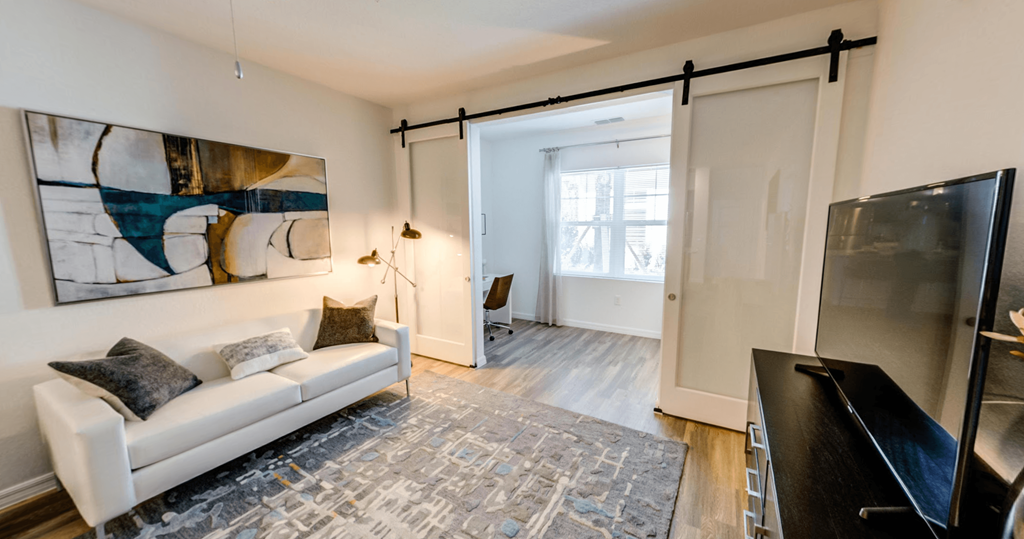 a living room with a couch and a tv in front of a sliding barn door