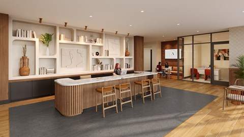 A modern kitchen with wooden furniture and a central island.