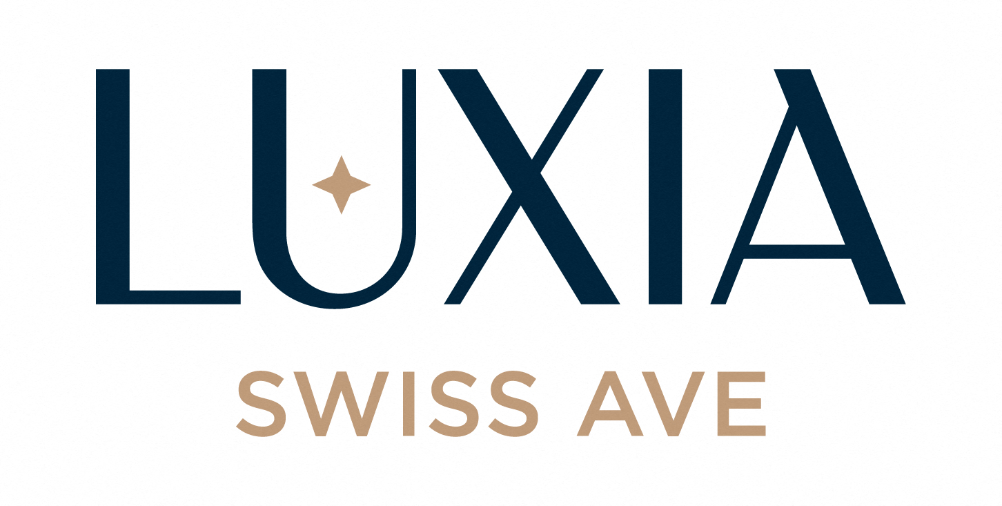 A logo with the word "LUXIA" and "SWISS AVE" below it.