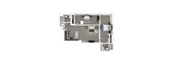 A top-down view of a small apartment layout with a kitchen, living room, and bedroom.
