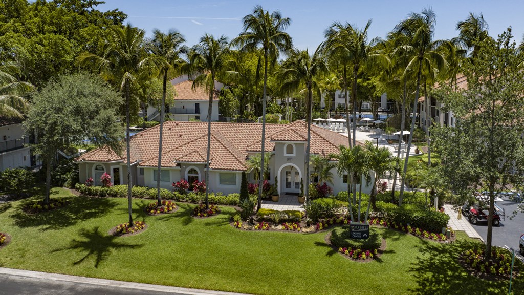 an aerial view of a house with palm trees