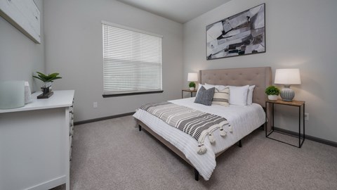 A bedroom with a large bed, a nightstand, and a plant on a dresser.