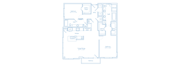 A blueprint of a house layout with a living/dining area of 25.7 x 12.8, a kitchen, two bedrooms, a bathroom, a pantry, a linen closet, and a