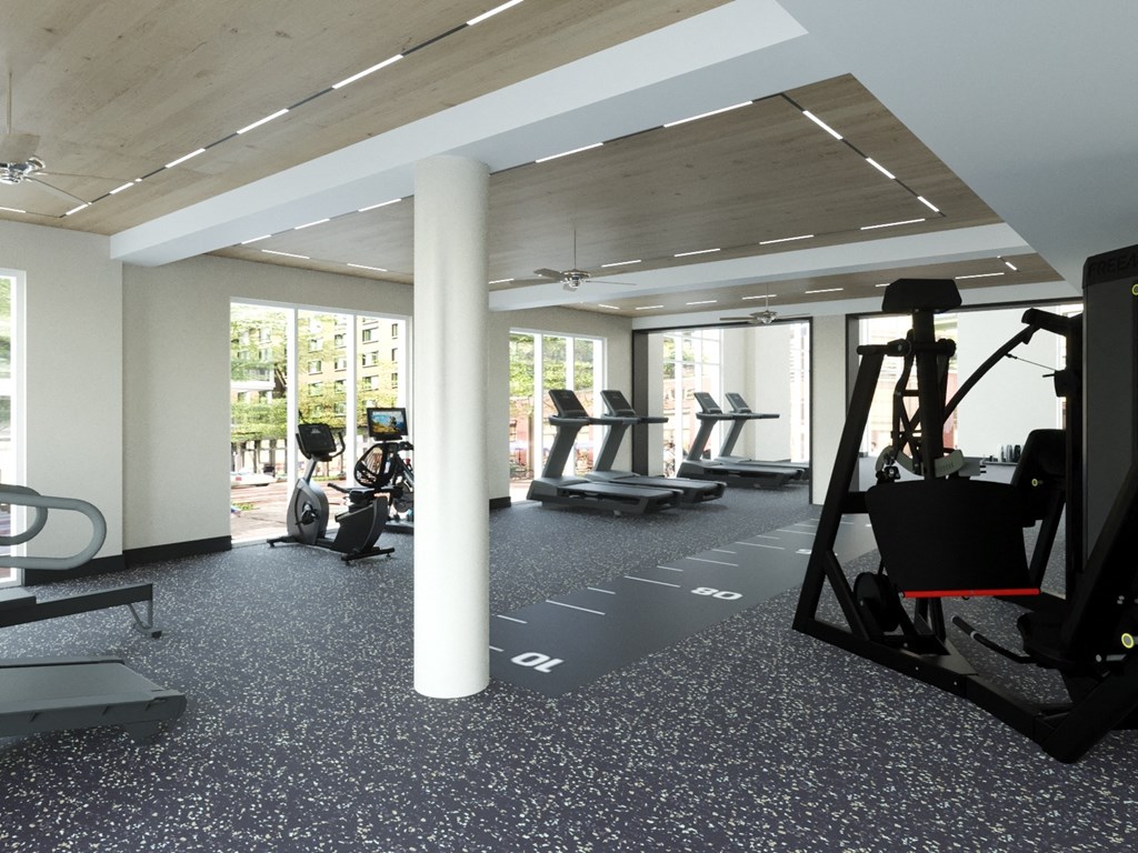 A gym with a row of treadmills and a row of stationary bikes.