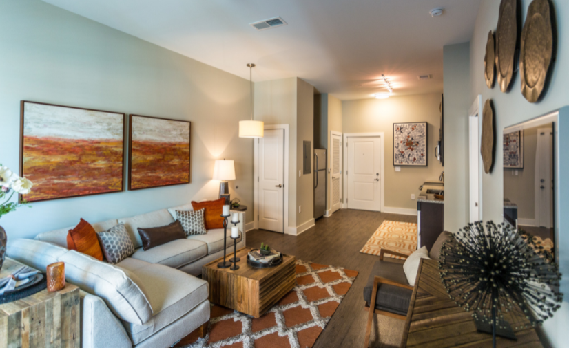 a living room with a couch and a coffee table