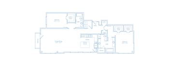 A floor plan of a house with two bedrooms, a living area, a kitchen, a bathroom, and a laundry room.