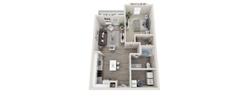 A 3D floor plan of a small apartment with a kitchen, living room, and bathroom.