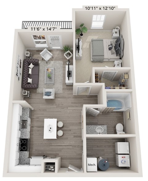 A 3D floor plan of a small apartment with a kitchen, living room, and bathroom.