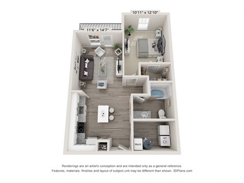 a 3d floor plan of a 1 bedroom apartment