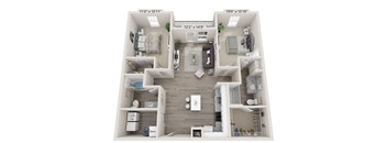 A 3D floor plan of a two-bedroom apartment.