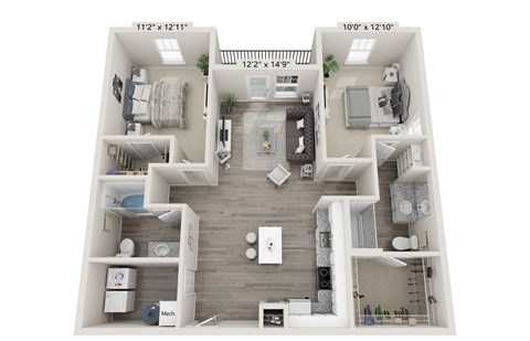 A 3D floor plan of a two-bedroom apartment.