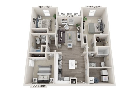 A floor plan of a two-bedroom apartment with a living room, kitchen, and bathroom.