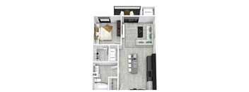 A top-down view of a small apartment with a kitchen, living room, and bathroom.