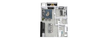 A floor plan of a small apartment with a kitchen, living room, and bathroom.