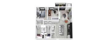 A top-down view of a modern apartment layout.