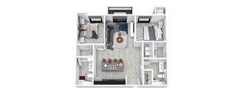 A floor plan of a small apartment with a kitchen, living room, and bedroom.
