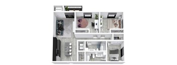 A modern apartment layout with a kitchen, living room, and bedroom.