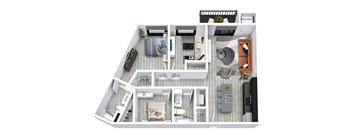 A top-down view of a small apartment with a kitchen, living room, and bedroom.