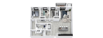 A white floor plan of a house with a kitchen, living room, and bedrooms.