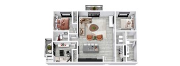A floor plan of a small apartment with a kitchen, living room, and bathroom.