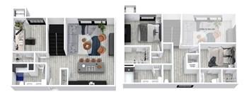Two images of a small apartment layout with a kitchen, living room, and bedroom.