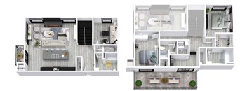 A floor plan of a two-bedroom apartment with a kitchen, living room, and bathroom.