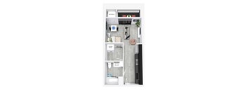 A top-down view of a small apartment with a kitchen, living room, and bathroom.