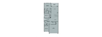 A floor plan of a house with a primary bedroom, a living room, a dining room, a kitchen, two bathrooms, and a covered patio.