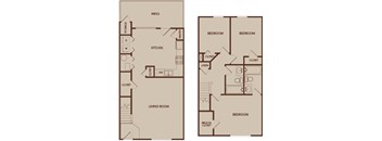 A floor plan of a house with two bedrooms, a living room, a kitchen, a pantry, a storage area, and a patio.