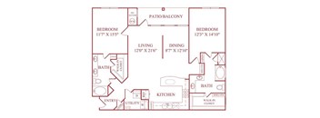 A red floor plan of a house with two bedrooms, a living room, a dining room, a kitchen, a bathroom, a utility, an entry, a walk-in closet, and a patio/balcony.