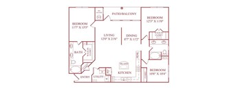 A red floor plan of a house with a living room, dining room, kitchen, and four bedrooms.