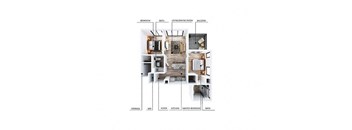 A floor plan of a house with labeled rooms such as Bedroom, Bath, Living/Dining Room, and Kitchen.